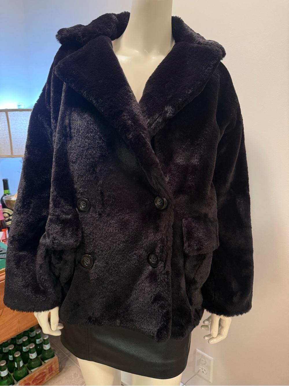 Free People Black Faux Fur Teddy Peacoat Jacket
